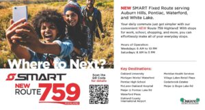 Friends hiking, taking selfie; new SMART bus route ad.