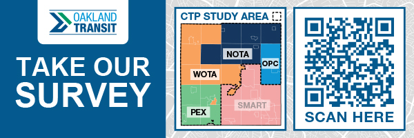 Oakland Transit survey advertisement with color-coded map and QR code